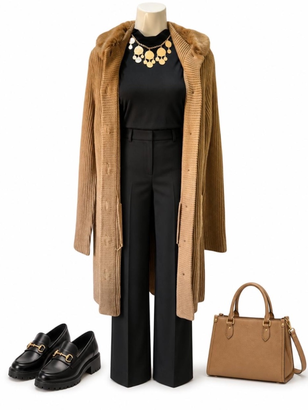 Banana Republic Camel Faux Fur Collar Long Cardigan Small